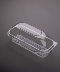 Clear domed plastic clamshell container with inner mesh tray – ideal for bakery or delicate produce