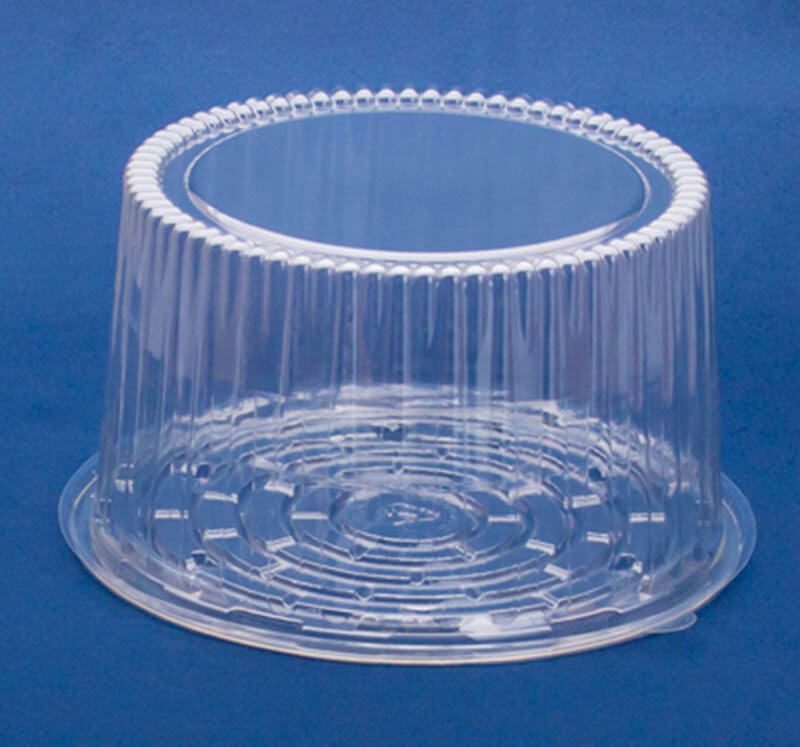 Clear tall PET cake container made from recyclable food packaging, ideal for custom plastic packaging and sustainable dessert presentation.