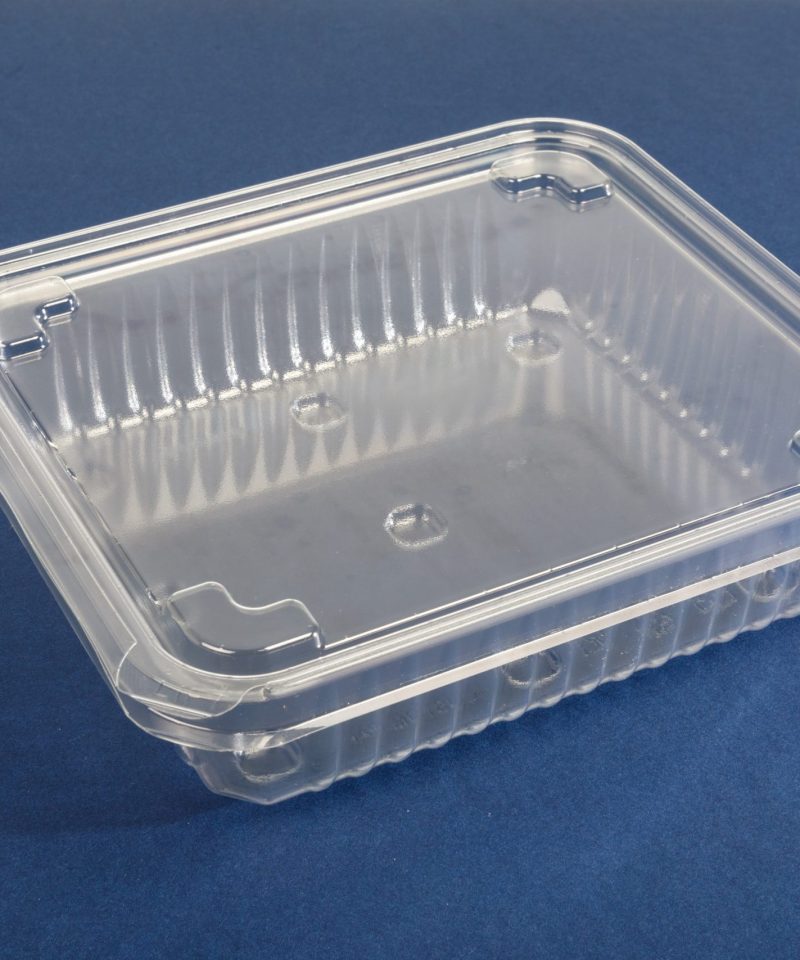 CustomPak Saltray recycled plastic food packaging with a clear custom plastic pack and secure hinged lid for fresh food packaging.