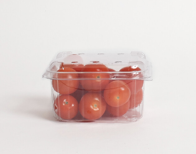 Cherry tomatoes packed in a clear plastic clamshell container – Custom-Pak NZ produce packaging.