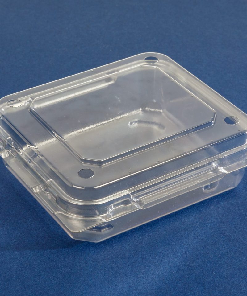 CustomPak FC150 recycled plastic food packaging, featuring a clear custom plastic pack with a secure hinged lid for fresh food.