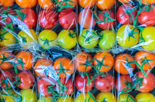 Fresh red and yellow tomatoes wrapped in clear recyclable plastic film, showing plastic packaging for food products and sustainable packaging design